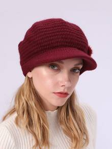 1 件纯色条纹休闲复古腈纶提花针织贝雷帽，毛绒衬里保暖且保护耳朵，适合秋冬季 - 酒紅色 - 查看 2