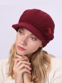 1 件纯色条纹休闲复古腈纶提花针织贝雷帽，毛绒衬里保暖且保护耳朵，适合秋冬季 - 酒紅色 - 查看 5