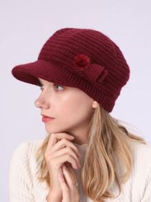 1 件纯色条纹休闲复古腈纶提花针织贝雷帽，毛绒衬里保暖且保护耳朵，适合秋冬季 - 酒紅色 - 查看 1