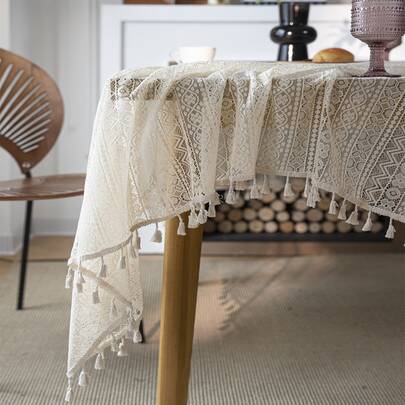  Bubaba 1 件铜币图案镂空米色矩形桌布，波西米亚风蕾丝流苏装饰防尘桌旗，适用于餐厅、厨房、卧室、客厅、户外派对、节日、所有季节