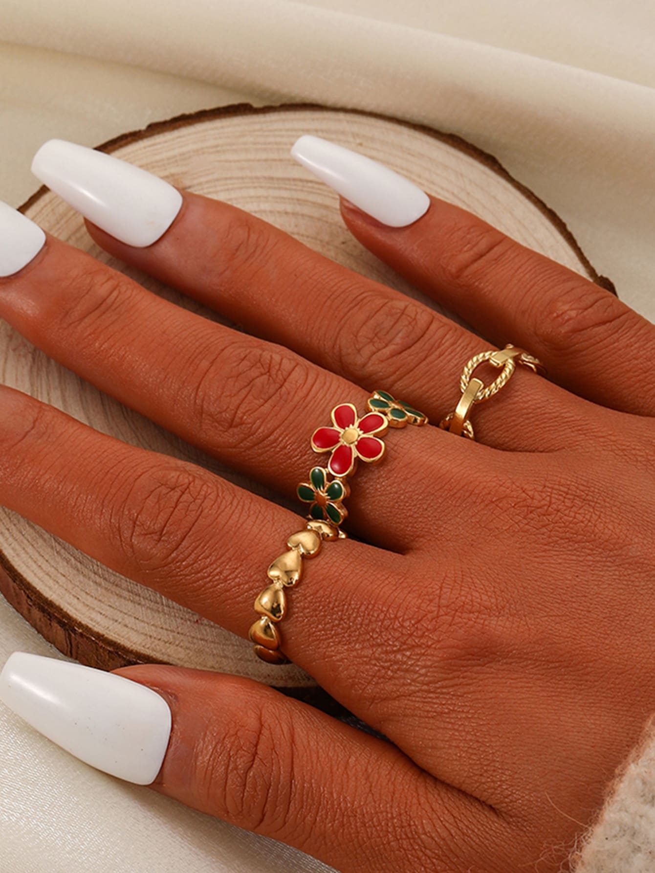 COINBUFF 3 件彩色油滴花和心形设计不锈钢女士戒指套装，甜蜜假期珠宝情人节 - 金黃色 - 查看 1