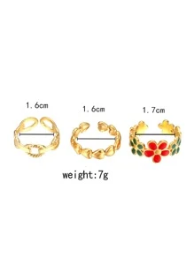 COINBUFF 3 件彩色油滴花和心形设计不锈钢女士戒指套装，甜蜜假期珠宝情人节 - 金黃色 - 查看 4