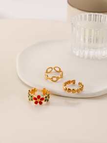 COINBUFF 3 件彩色油滴花和心形设计不锈钢女士戒指套装，甜蜜假期珠宝情人节 - 金黃色 - 查看 3