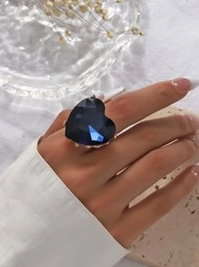 1入組華麗合金心形大寶石開口戒指適合女士,偉大適用於約會禮物 - 藍色 - 查看 1