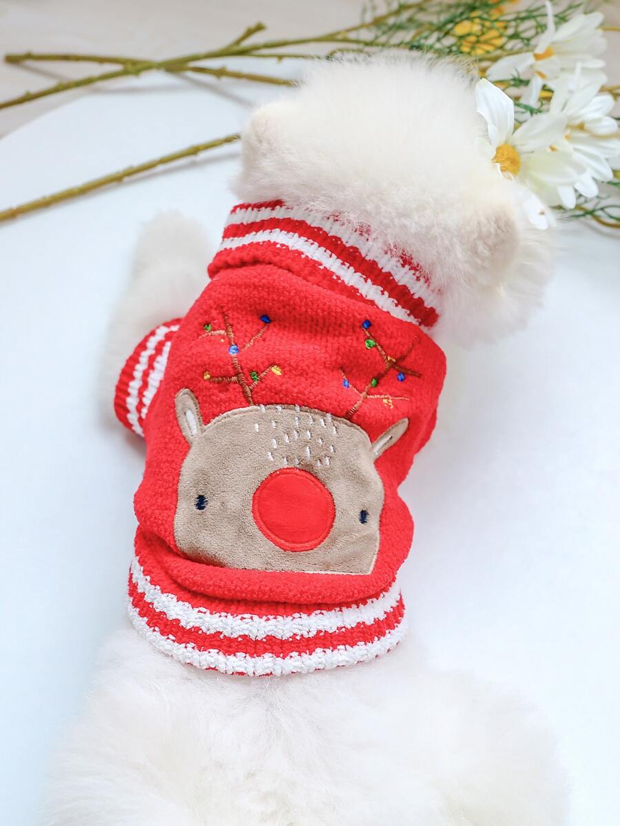 Chenille Red Reindeer Pet Sweater - Red - View 1