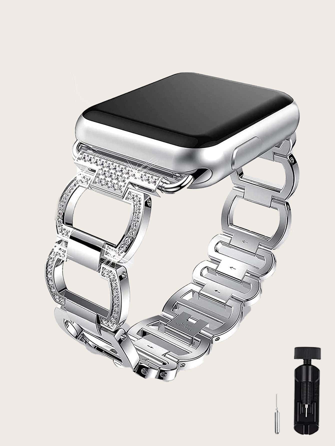 1入組水鑽裝飾不銹鋼錶帶適用於Apple Watch - 銀色 - 查看 1