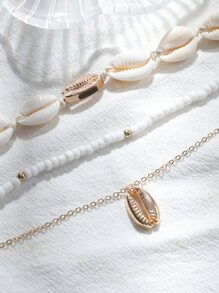 Hihho 3pcs Fashionable Simple Bohemian Style Shell & Beaded Woven Collarbone Chain Set For Women, Beach Travel Decoration - Yellow Gold - View 2