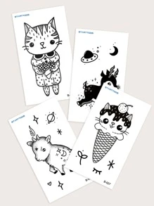4pcs/pack Small Temporary Tattoos For Hand, Ear, Neck, Fingers With Black Cartoon Animal, Ice Cream, Cat Design - Black - View 6