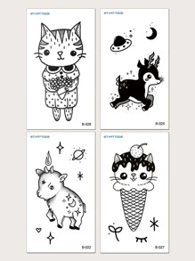 4pcs/pack Small Temporary Tattoos For Hand, Ear, Neck, Fingers With Black Cartoon Animal, Ice Cream, Cat Design - Black - View 2