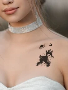 4pcs/pack Small Temporary Tattoos For Hand, Ear, Neck, Fingers With Black Cartoon Animal, Ice Cream, Cat Design - Black - View 4