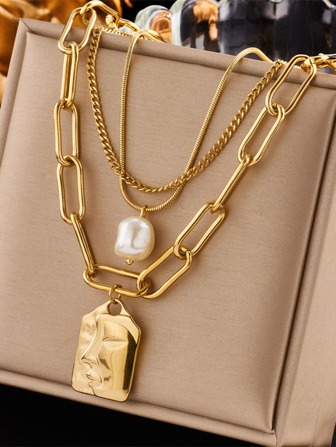 1pc Multilayered Metallic Chunky Chain Necklace With Faux Pearls, Geometric Cubes, And Figure Pendant