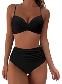 Bikini de tiras finas y cintura alta con pliegues en color negro, traje de baño de estilo bohemio con alta elasticidad para mujer, adecuado para la playa, la piscina y las vacaciones - Negro - Ver 6