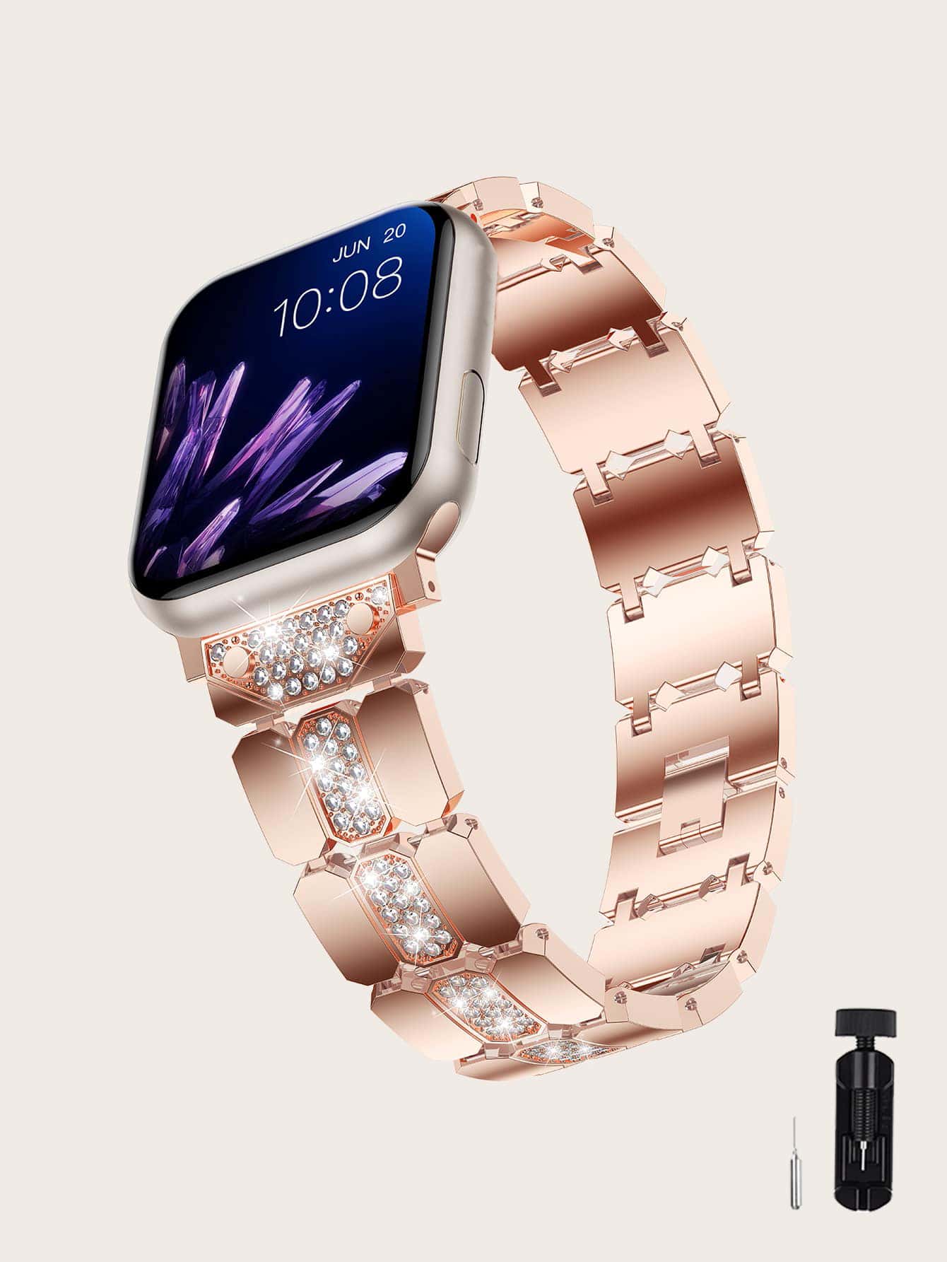 Rhinestone Decor Watchband Tương thích với Apple Watch - Hoa hồng vàng - Xem 1