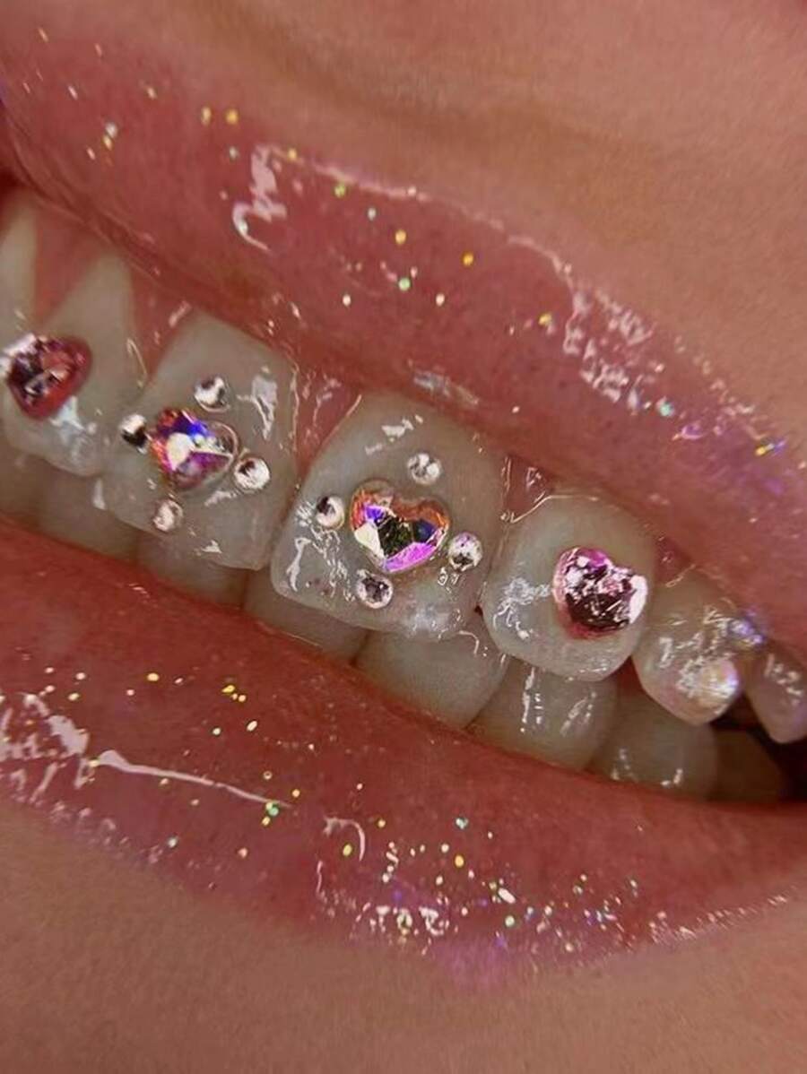 3pcs Y2k Style Heart Crystal & Rhinestone Decor Nail Art Set (Glue Not Included) - Pink - View 1