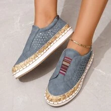 2023 Phong Cách Mới Thoáng Khí Slip On Đôi Khâu Rỗng Thấp Cắt Giày Đế Bằng, Giày Nữ, cỡ Lớn - Màu xanh lam - Xem 1