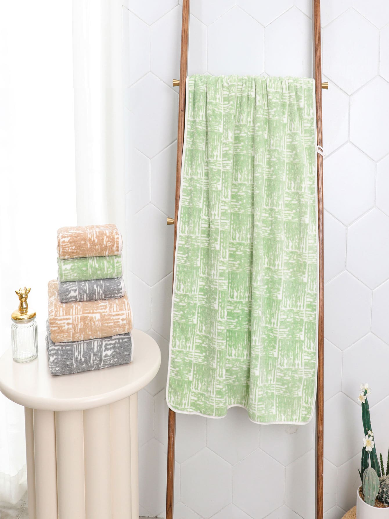 2pcs Khaki-colored Printed Bath Towel Set - Khaki - View 1