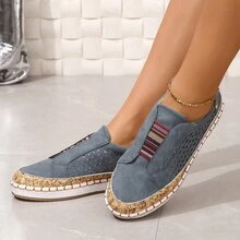 2023 Phong Cách Mới Thoáng Khí Slip On Đôi Khâu Rỗng Thấp Cắt Giày Đế Bằng, Giày Nữ, cỡ Lớn - Màu xanh lam - Xem 4