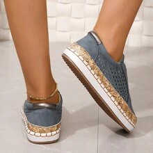 2023 Phong Cách Mới Thoáng Khí Slip On Đôi Khâu Rỗng Thấp Cắt Giày Đế Bằng, Giày Nữ, cỡ Lớn - Màu xanh lam - Xem 5