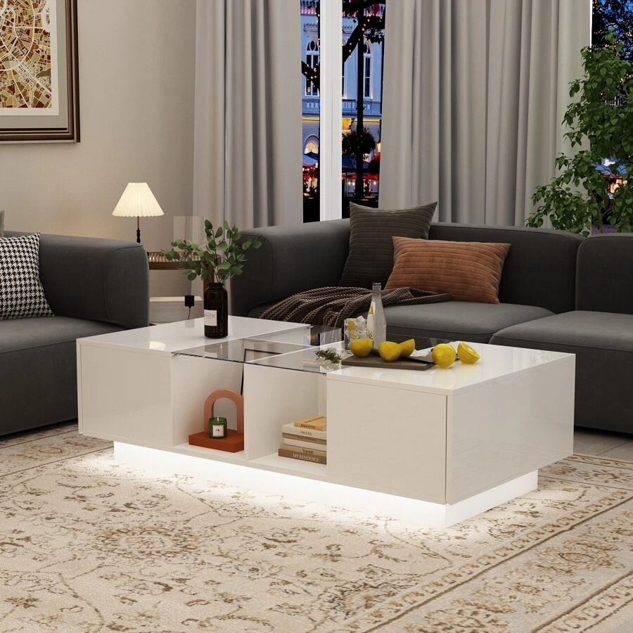 ECACAD 47.4"W Coffee Table Storage High Gloss Coffee Tables LED Lighting Cocktail - White - View 1