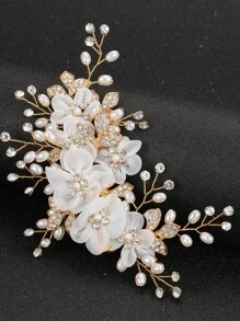 1 Bridal Flower Rhinestone Pearl Hair Comb; Bridal Hair Accessories Valentine's Day Accessories,Wedding Hair Accessories - Gold - View 1