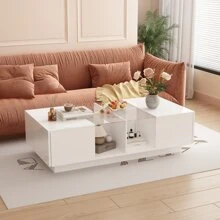 ECACAD 47.4"W Coffee Table Storage High Gloss Coffee Tables LED Lighting Cocktail - White - View 2