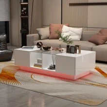 ECACAD 47.4"W Coffee Table Storage High Gloss Coffee Tables LED Lighting Cocktail - White - View 3