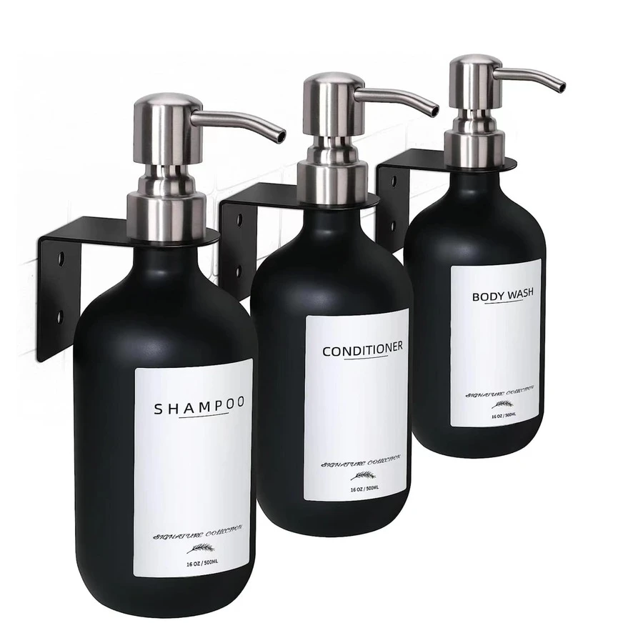 Shampoo Dispenser for Shower Wall 3 Chamber, No Drill Shampoo and Conditioner Dispenser with Waterproof Labels, Black Soap Dispenser for Bathroom Kitchen Sink - Schwarz - Übersicht 1
