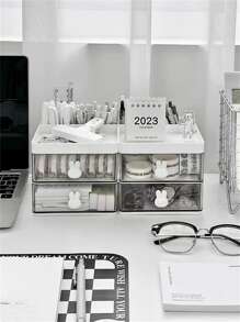 1pc Clear Acrylic Desk Organizer Drawer Type Stationery & Notebook Storage Rack, Minimalist Pen Holder For Office Desk - White - View 1