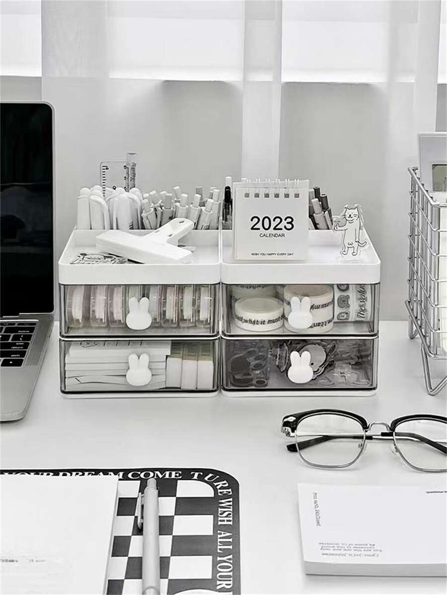 1pc Clear Acrylic Desk Organizer Drawer Type Stationery & Notebook Storage Rack, Minimalist Pen Holder For Office Desk - White - View 1