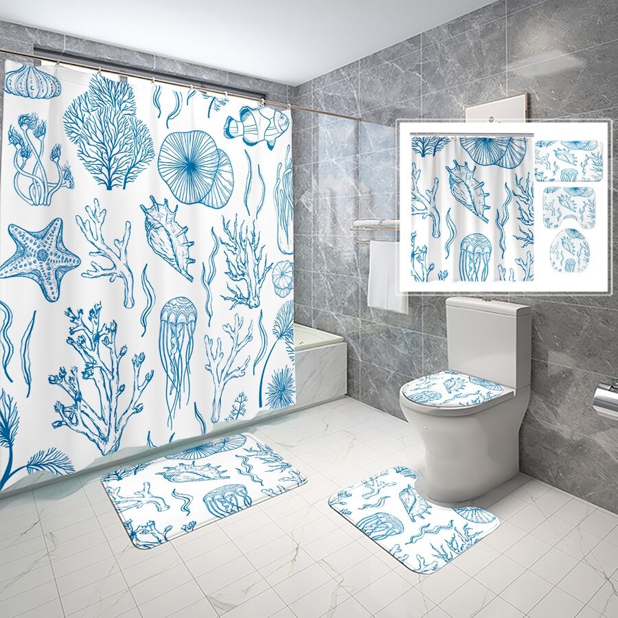 4pcs/set Printed Shower Curtain And Matching Bathroom Rug Set - Multicolor - View 1
