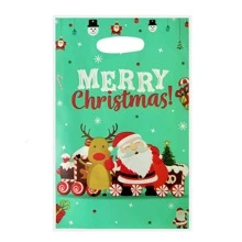 10 个圣诞快乐派对礼品袋，印有圣诞老人、驯鹿、雪人、火车，非常适合圣诞派对装饰、小礼品包装、不给糖就捣蛋塑料袋、圣诞树礼品盒、铃铛、星星、雪花