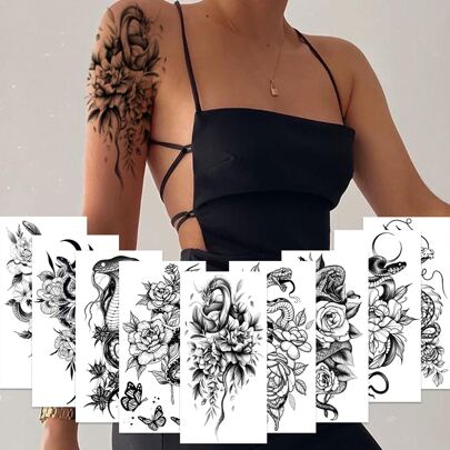 9 件装蛇与花朵图案临时纹身贴纸，用于身体艺术装饰，防水，适合女性和男性，可贴在脸部、手臂和腿部