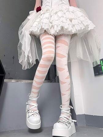 1 Pair White Lolita Style Soft Girl JK Cross Strap Patterned Thin Sheer Stockings, Sexy Punk Gal Striped Pantyhose, Summer