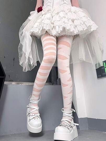 1 Pair White Japanese Lolita Soft Girl JK Criss-Cross Strap Patterned Thin Summer Sheer Stockings, Sexy Punk Gal Striped Pantyhose