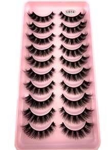 HBZGTLAD 10 对猫眼自然长 3D 合成貂皮假睫毛，仿貂皮睫毛延长，短睫毛 - 黑色 - 查看 2