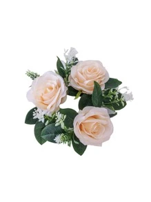1pc Artificial Rose Wreath Candlestick Wreaths European-style Candle Ring For Wedding Table Party Home Decor - Champagne - View 2