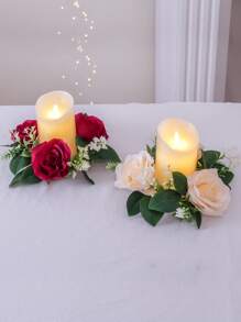 1pc Artificial Rose Wreath Candlestick Wreaths European-style Candle Ring For Wedding Table Party Home Decor - Champagne - View 3
