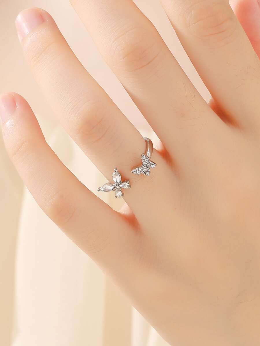 Anillo abierto con diamante de imitación con diseño de mariposa