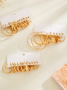 17pairs/Set Delicate Geometric Circle & Faux Pearl Stud Earrings, Versatile Accessories & Gifts - Yellow Gold - View 4