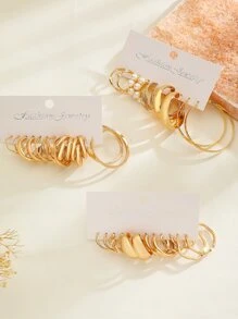 17pairs/Set Delicate Geometric Circle & Faux Pearl Stud Earrings, Versatile Accessories & Gifts - Yellow Gold - View 2