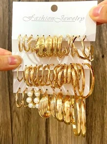 17pairs/Set Delicate Geometric Circle & Faux Pearl Stud Earrings, Versatile Accessories & Gifts - Yellow Gold - View 1