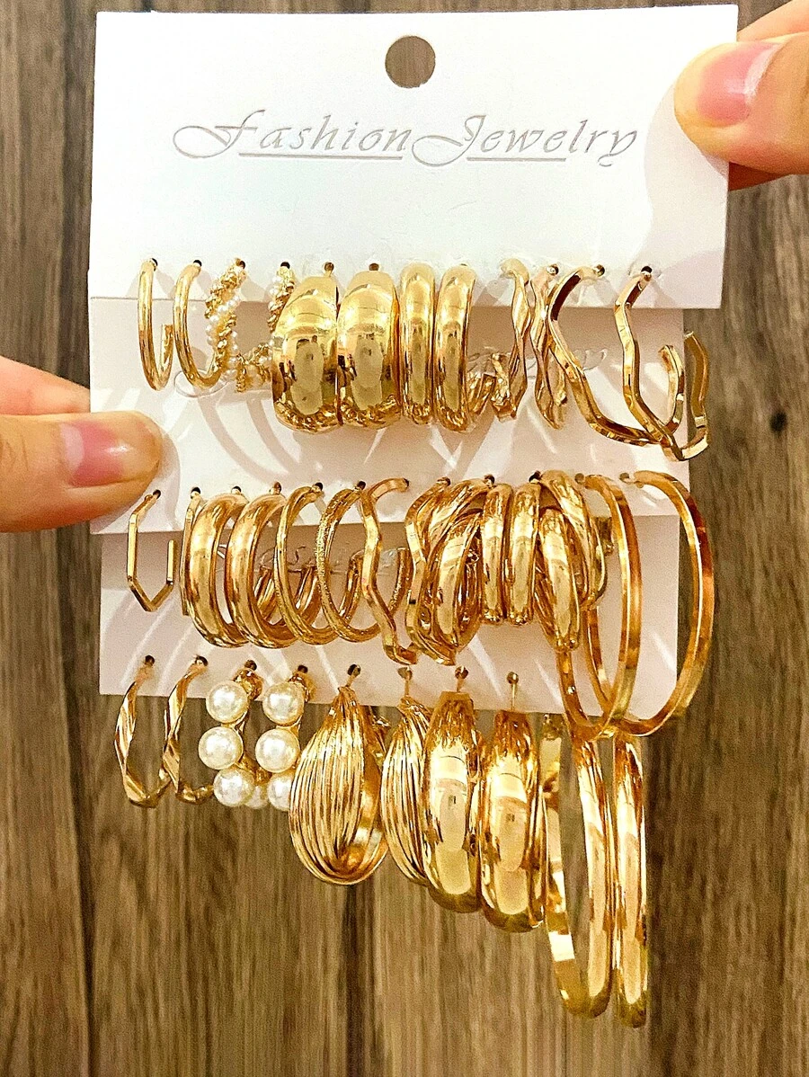 17pairs/Set Delicate Geometric Circle & Faux Pearl Stud Earrings, Versatile Accessories & Gifts - Yellow Gold - View 1