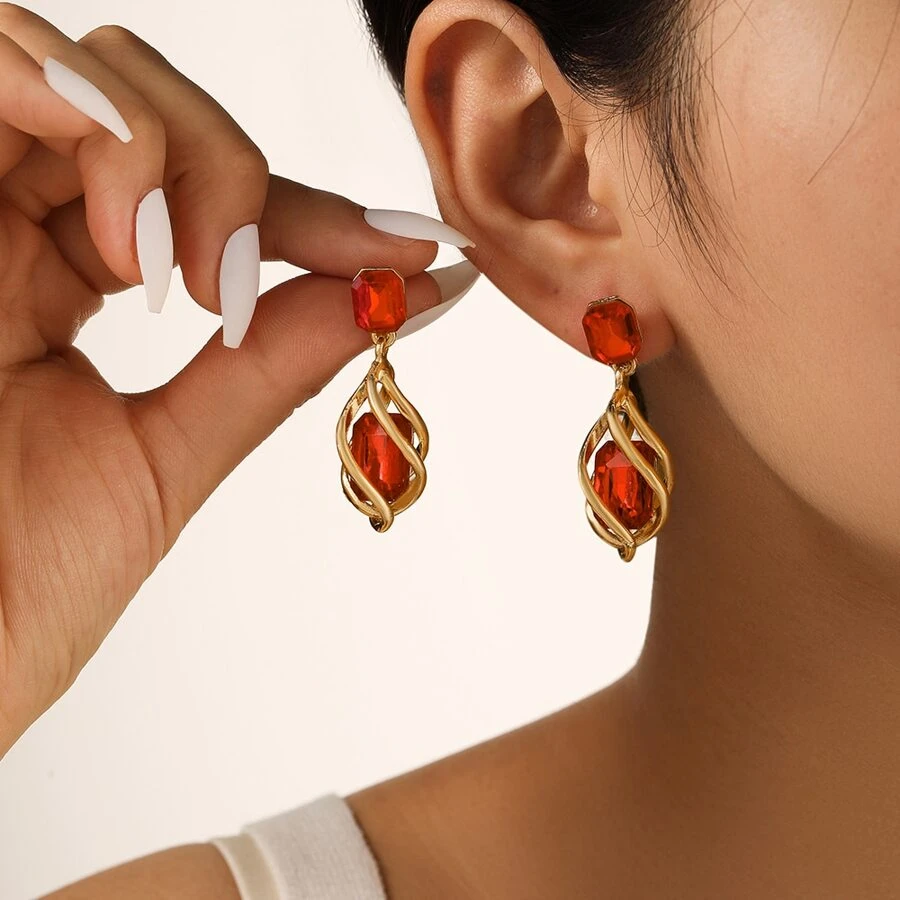Dellgoo 2pcs/set Geometric Shape Rhinestone Decor Women's Earrings - Red - View 1