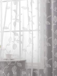 1入組3D葉子圖案沖孔薄紗窗戶窗簾,滌綸纖維毛巾刺繡,透明,風格,夏天 - 白色 - 查看 5