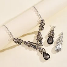 1set Exquisite Vintage Black Gemstone & Rhinestone Decor Earrings Necklace Set - Black - View 3