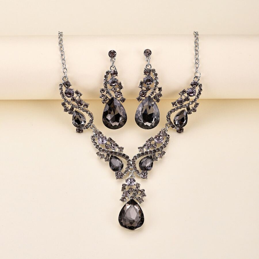 1set Exquisite Vintage Black Gemstone & Rhinestone Decor Earrings Necklace Set - Black - View 1