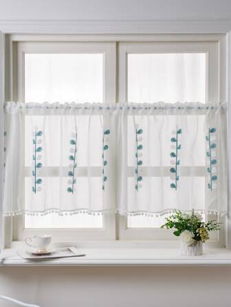 夏天和簡約風藍色的和白色樹分支設計咖啡店窗簾帶竿口袋,1入組