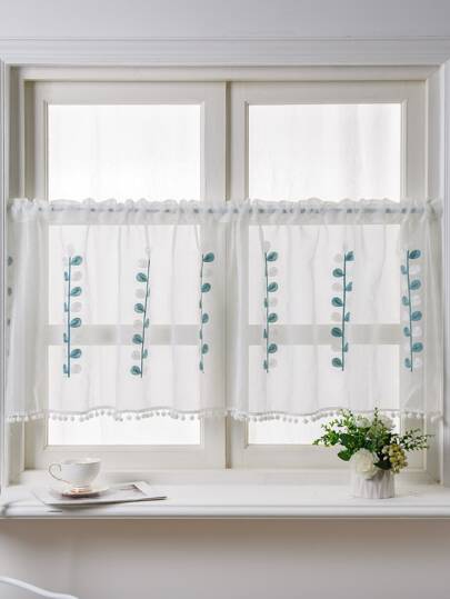 夏天和簡約風藍色的和白色樹分支設計咖啡店窗簾帶竿口袋,1入組