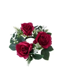 1入組人造玫瑰花環燭台花環歐式蠟燭戒指適合婚禮桌子派對家庭裝飾 - 酒紅色 - 查看 2