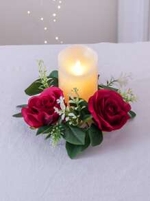 1入組人造玫瑰花環燭台花環歐式蠟燭戒指適合婚禮桌子派對家庭裝飾 - 酒紅色 - 查看 1